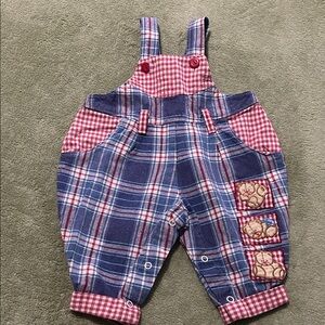 Vintage- Plaid Red and Blue Baby Overalls with Bear Patches